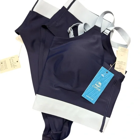NWT Cupshe Ola de Verano Banded Mid-Rise  Navy and Light Blue Bikini Set - Picture 4 of 8